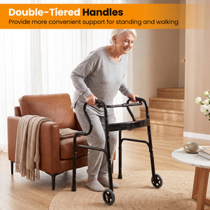 Adjustable Heavy-Duty Folding Walker with Unidirectional Wheels and Bi-Level Armrests-Black