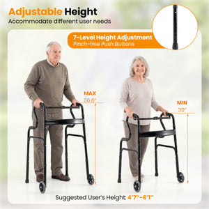 Adjustable Heavy-Duty Folding Walker with Unidirectional Wheels and Bi-Level Armrests-Black