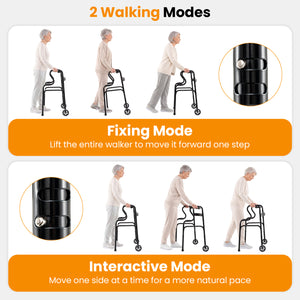 Adjustable Heavy-Duty Folding Walker with Unidirectional Wheels and Bi-Level Armrests-Black