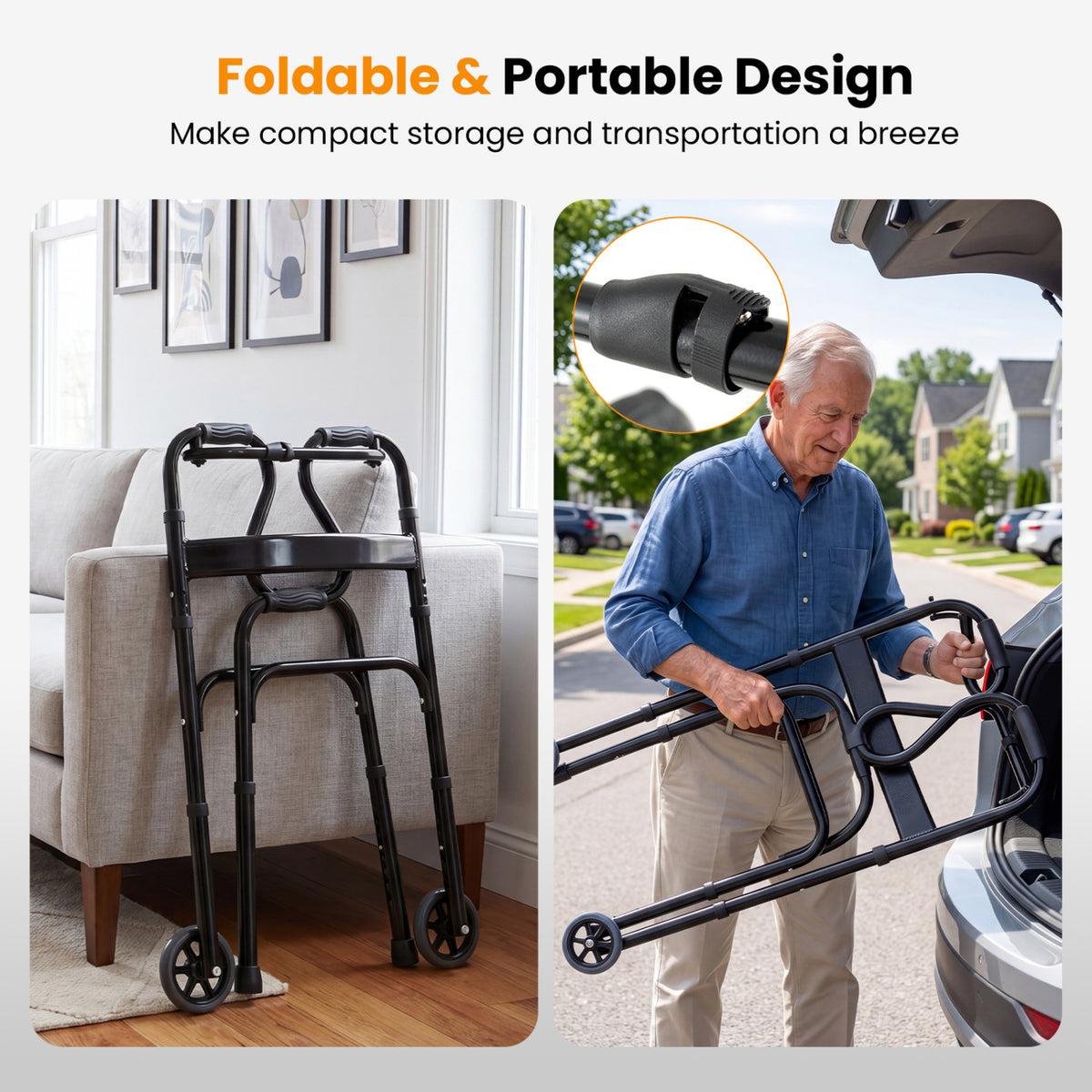 Adjustable Heavy-Duty Folding Walker with Unidirectional Wheels and Bi-Level Armrests-Black