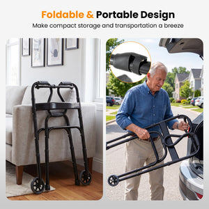 Adjustable Heavy-Duty Folding Walker with Unidirectional Wheels and Bi-Level Armrests-Black