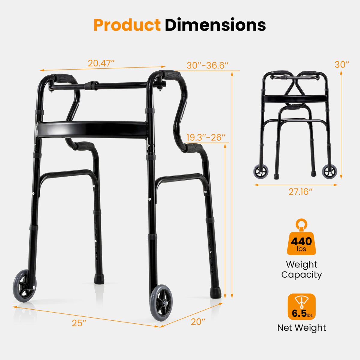 Adjustable Heavy-Duty Folding Walker with Unidirectional Wheels and Bi-Level Armrests-Black
