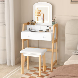 Adjustable Height Vanity Desk Set with 3-Color LED Lighted Mirror and Drawers-White
