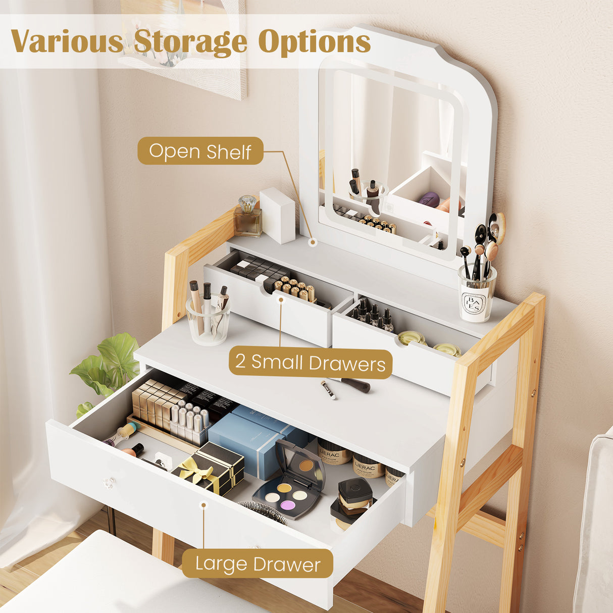 Adjustable Height Vanity Desk Set with 3-Color LED Lighted Mirror and Drawers-White