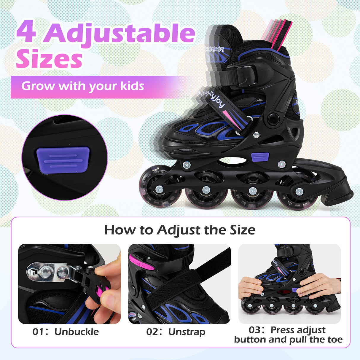 Adjustable Kids' Incline Skates for Boys Girls Ages 5-14-Purple