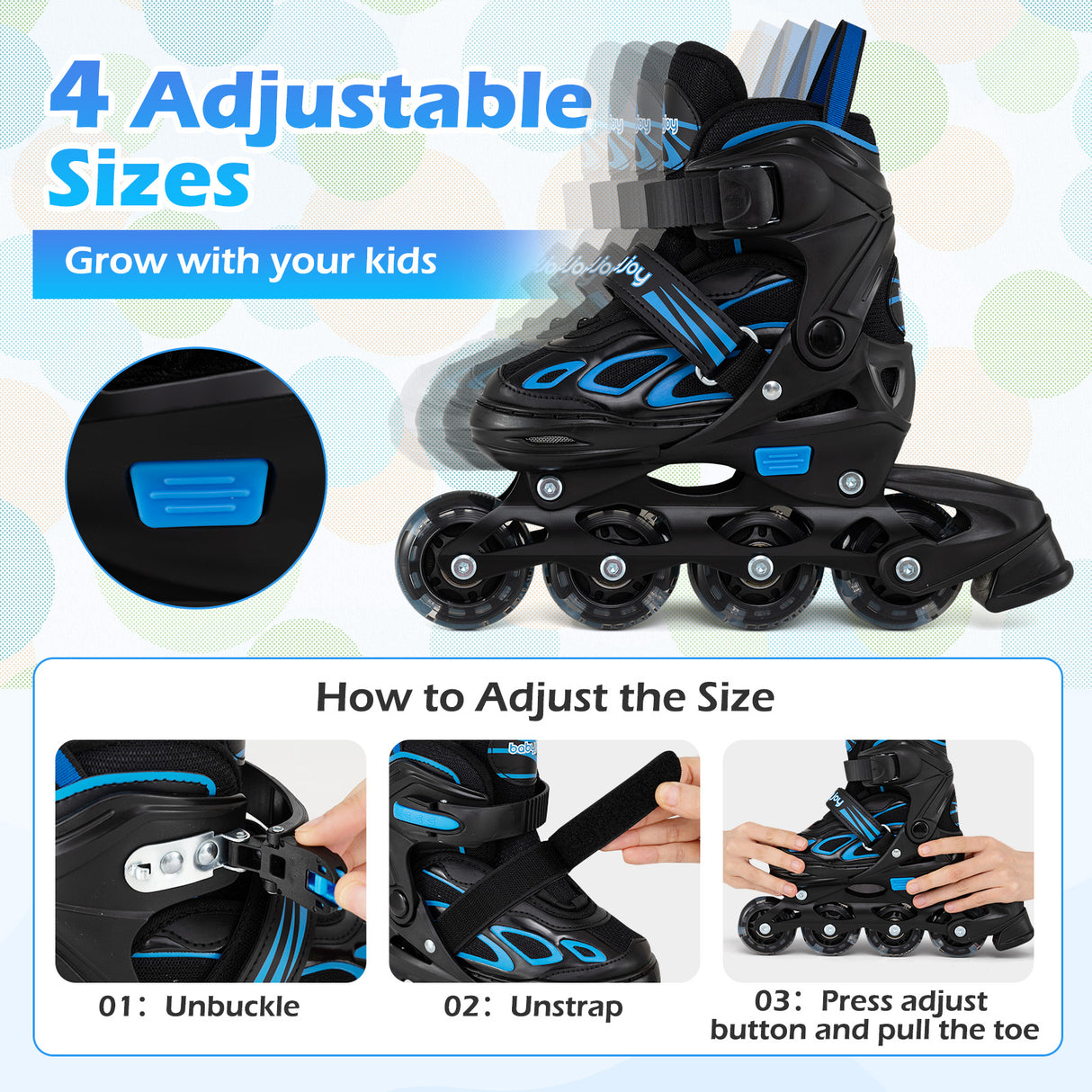 Adjustable Kids' Incline Skates for Boys Girls Ages 5-14-Blue