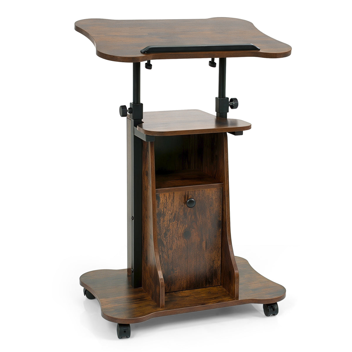 Adjustable Mobile Standing Desk Cart with Tilt Desktop and Cabinet-Rustic Brown