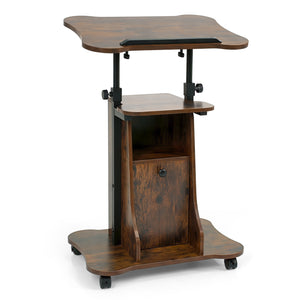 Adjustable Mobile Standing Desk Cart with Tilt Desktop and Cabinet-Rustic Brown