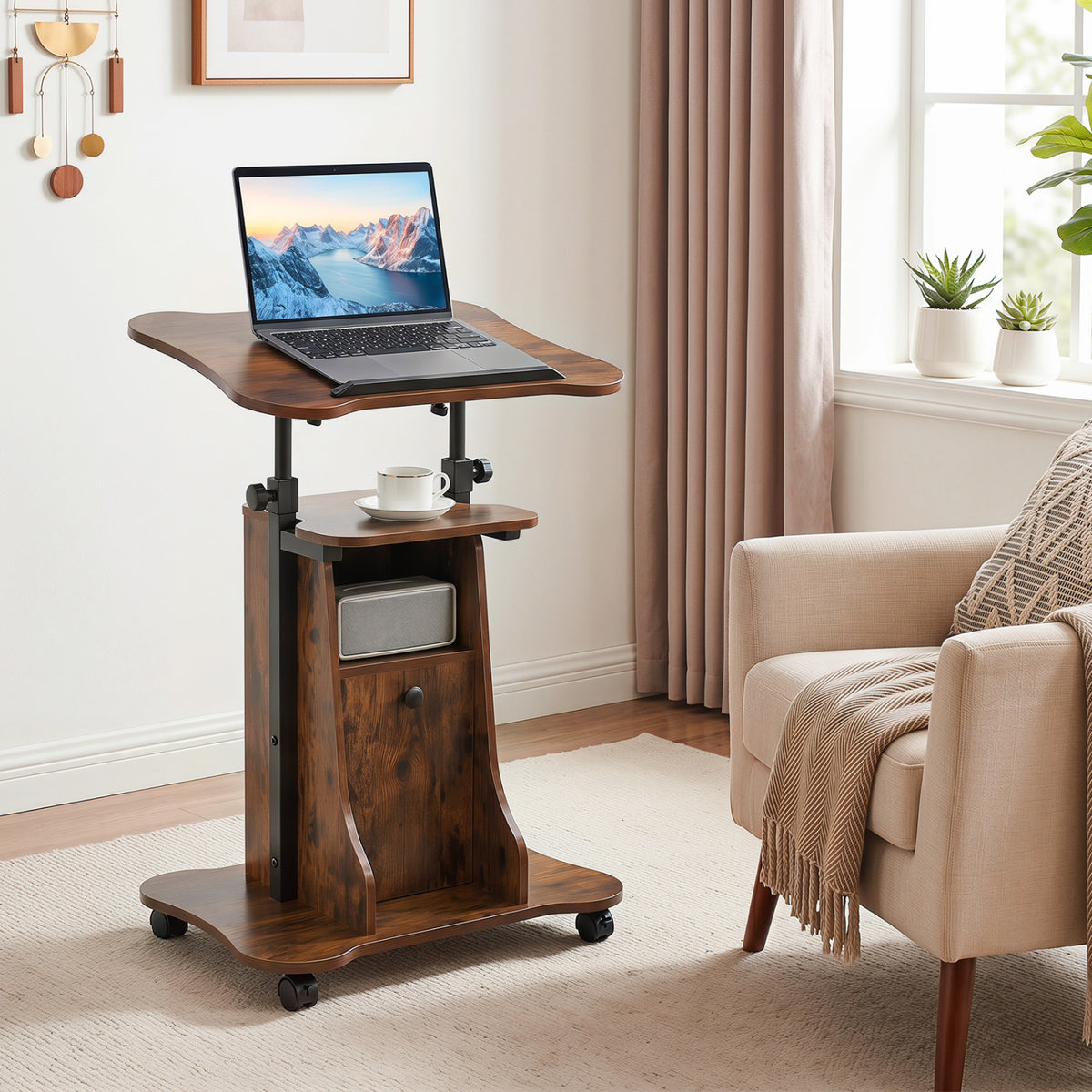 Adjustable Mobile Standing Desk Cart with Tilt Desktop and Cabinet-Rustic Brown