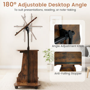 Adjustable Mobile Standing Desk Cart with Tilt Desktop and Cabinet-Rustic Brown