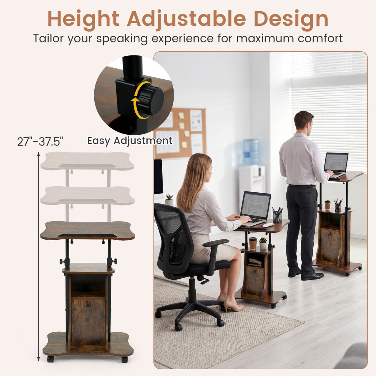 Adjustable Mobile Standing Desk Cart with Tilt Desktop and Cabinet-Rustic Brown
