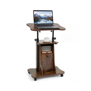 Adjustable Mobile Standing Desk Cart with Tilt Desktop and Cabinet-Rustic Brown