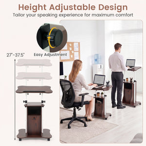 Adjustable Mobile Standing Desk Cart with Tilt Desktop and Cabinet-Brown