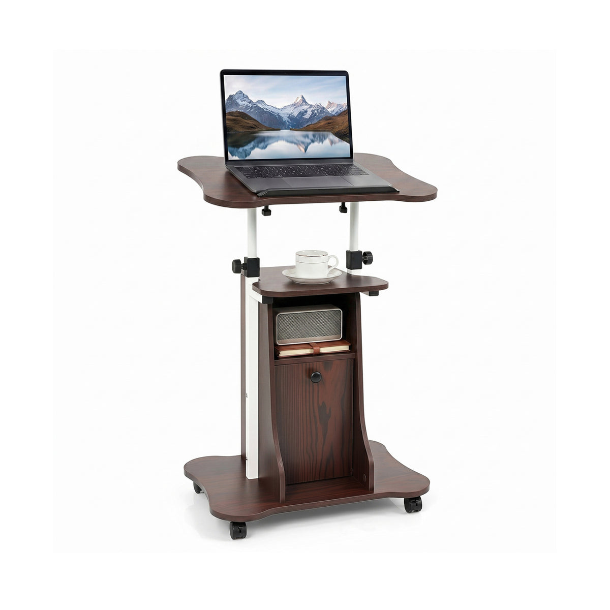 Adjustable Mobile Standing Desk Cart with Tilt Desktop and Cabinet-Brown