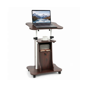 Adjustable Mobile Standing Desk Cart with Tilt Desktop and Cabinet-Brown