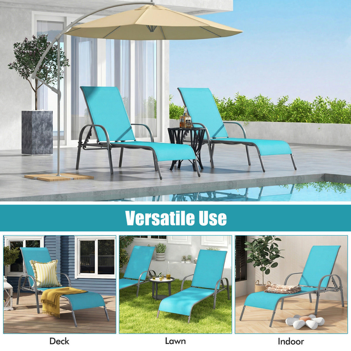 Adjustable Patio Chaise Folding Lounge Chair with Backrest-Turquoise