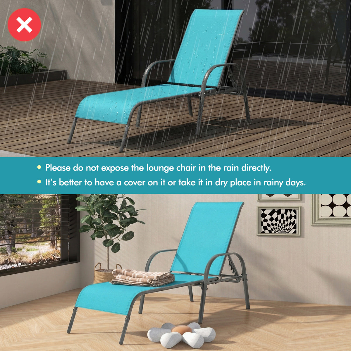 Adjustable Patio Chaise Folding Lounge Chair with Backrest-Turquoise