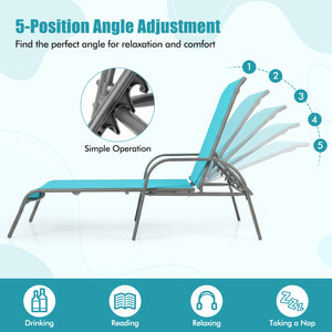 Adjustable Patio Chaise Folding Lounge Chair with Backrest-Turquoise