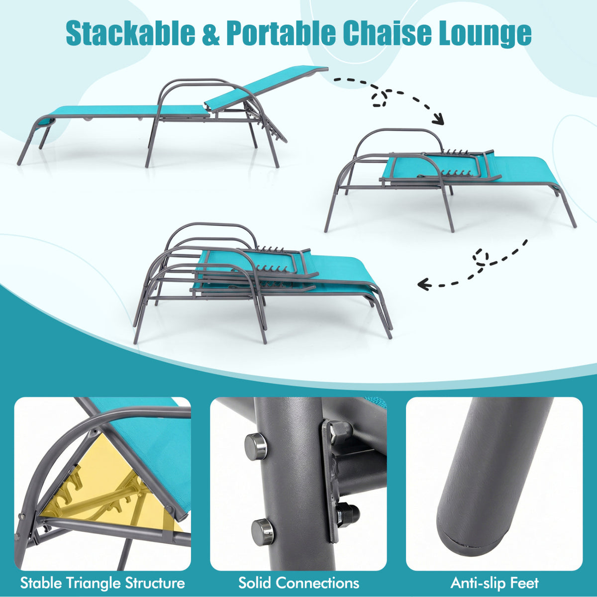 Adjustable Patio Chaise Folding Lounge Chair with Backrest-Turquoise