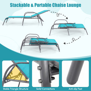 Adjustable Patio Chaise Folding Lounge Chair with Backrest-Turquoise