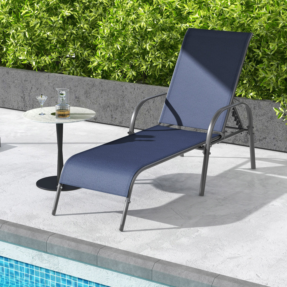 Adjustable Patio Chaise Folding Lounge Chair with Backrest-Navy
