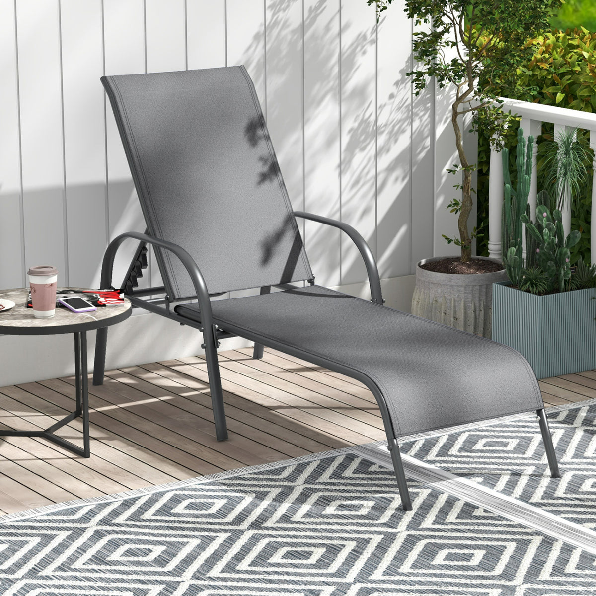 Adjustable Patio Chaise Folding Lounge Chair with Backrest-Dark Gray