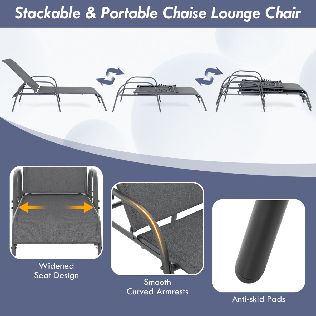 Adjustable Patio Chaise Folding Lounge Chair with Backrest-Dark Gray