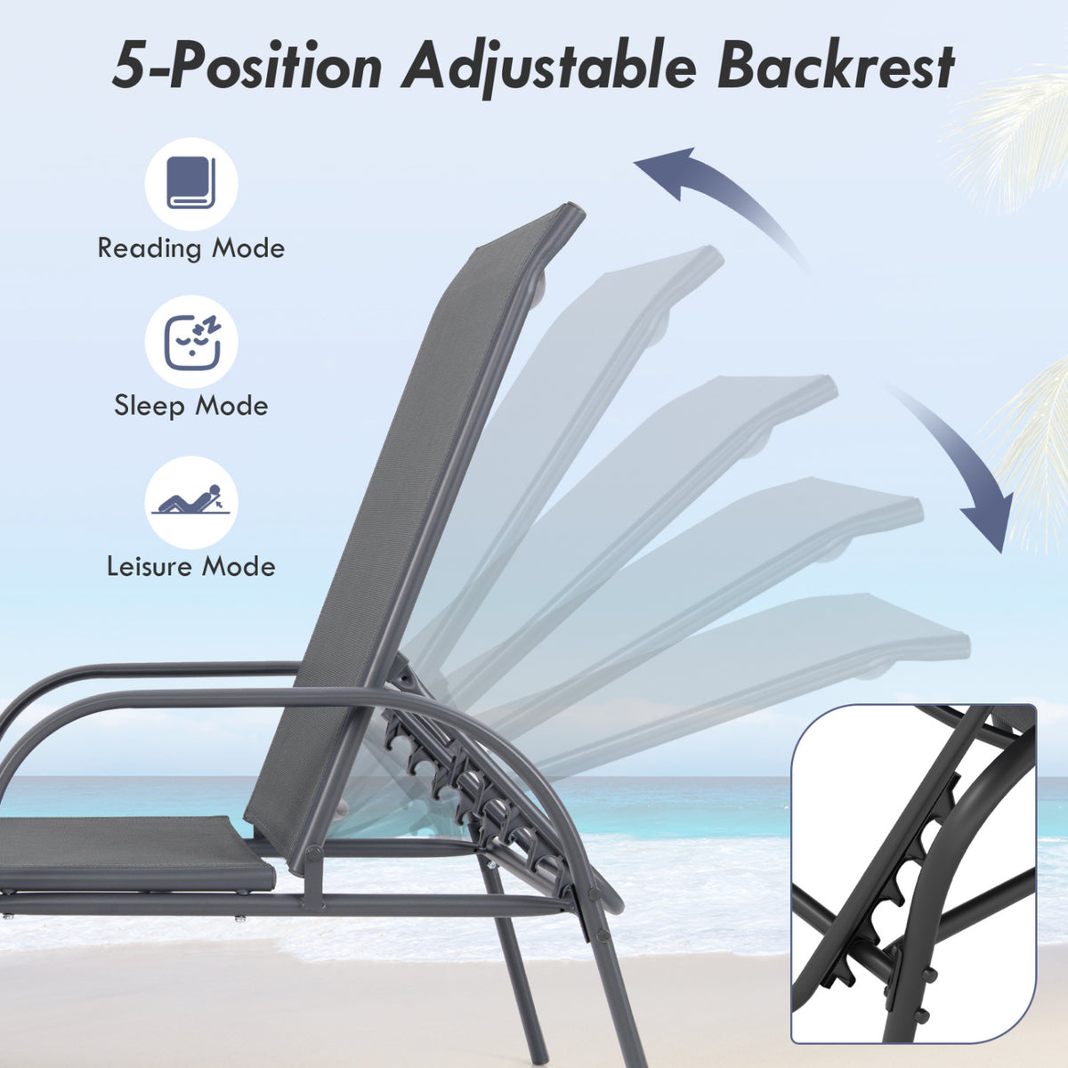 Adjustable Patio Chaise Folding Lounge Chair with Backrest-Dark Gray