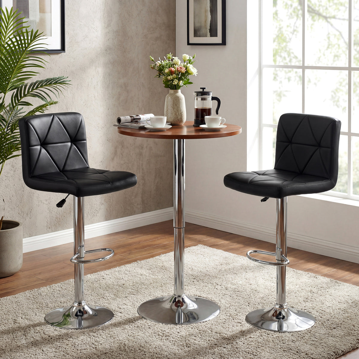 Adjustable Swivel Barstools Set of 2 with Back and Footrest-Black