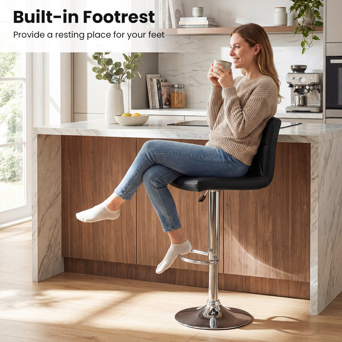 Adjustable Swivel Barstools Set of 2 with Back and Footrest-Black