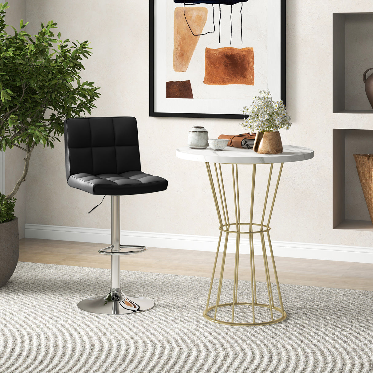 Adjustable Swivel Bar Stool with PU Leather-White