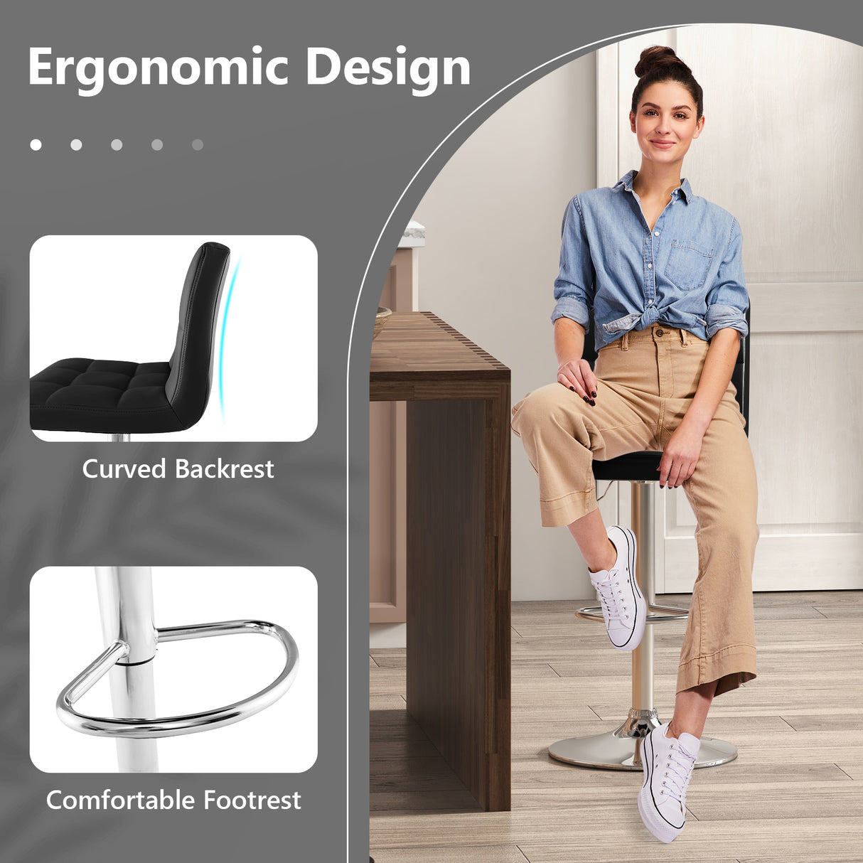Adjustable Swivel Bar Stool with PU Leather-White