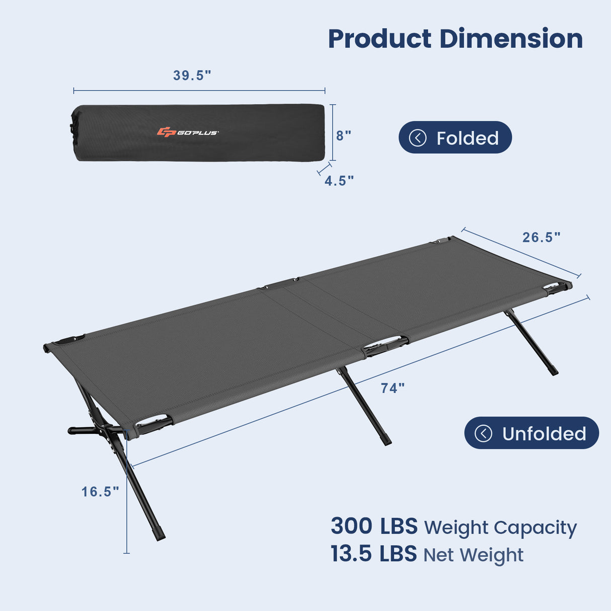 Adults Kids Folding Camping Cot-Gray