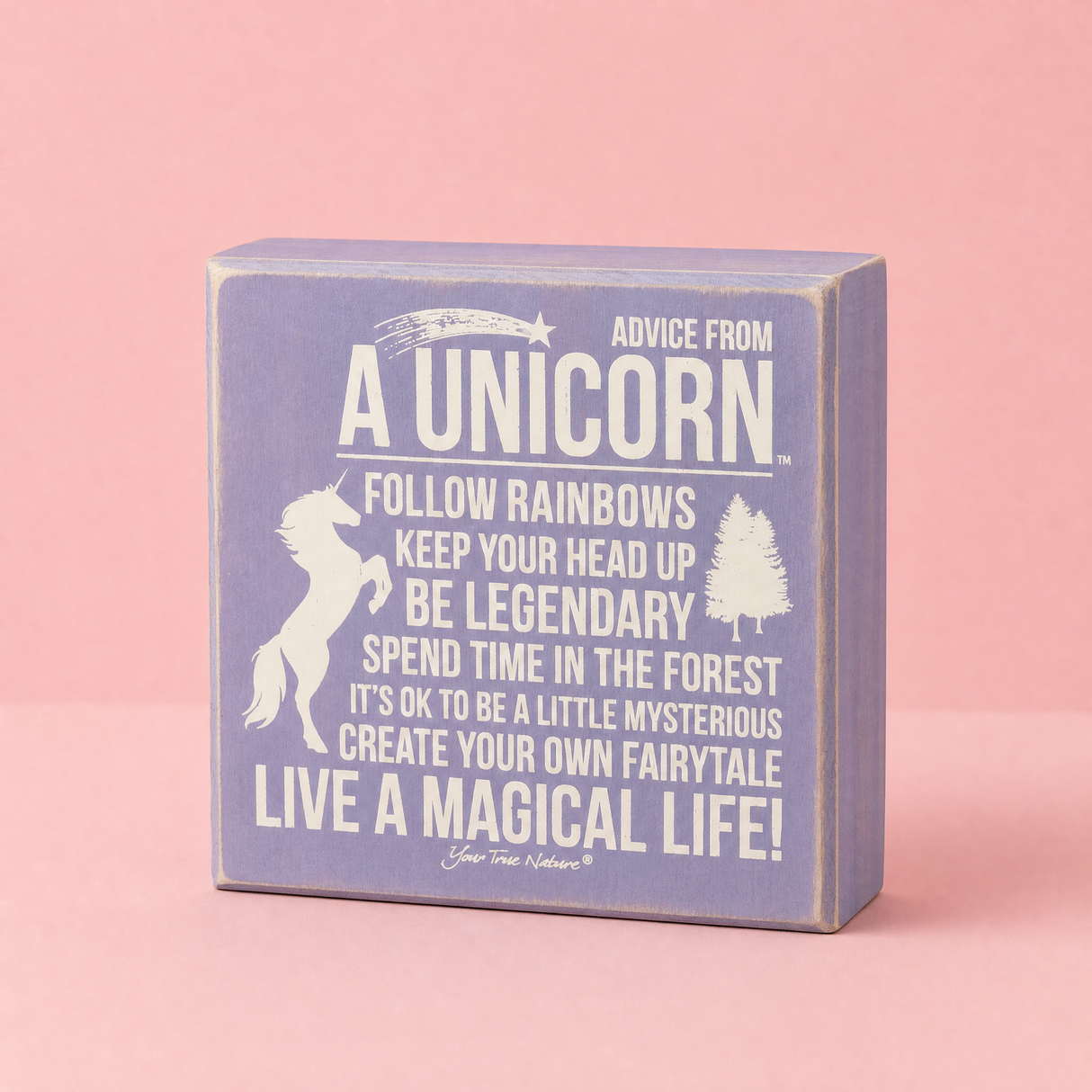 Advice From Unicorn Wooden Box Sign | Purple with White Lettering 6" x 6"