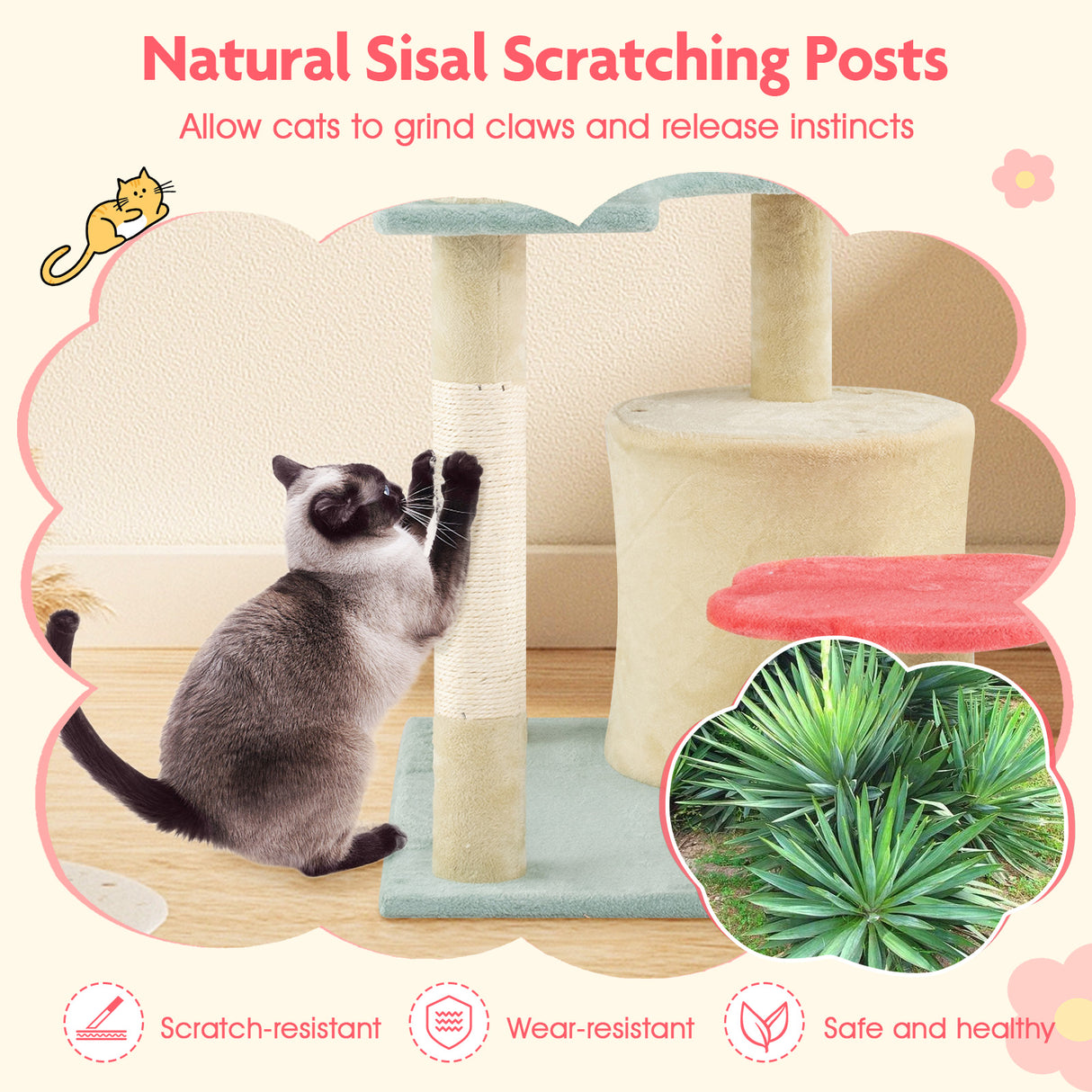 49 Inch Tall Multi-Level Aesthetic Floral Kitten Tower with Flower-Shaped Plush Padded Perch-Multicolor