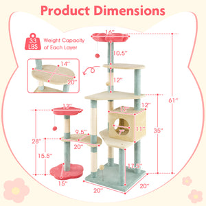 61 Inch Multi-Level Aesthetic Floral Kitten Tower with Flower-Shaped Padded Perch-Multicolor