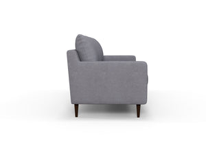 Side view of the Alex Sofa, featuring a modern gray design with a single back cushion and wooden legs, set against a plain white background.