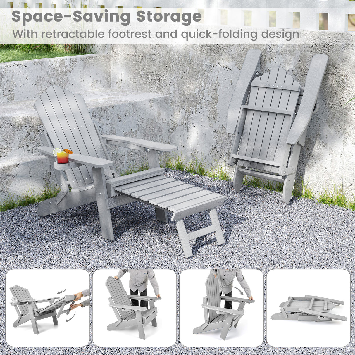 All-Weather HIPS Patio Adirondack Lounge Chair with Retractable Footrest-Gray