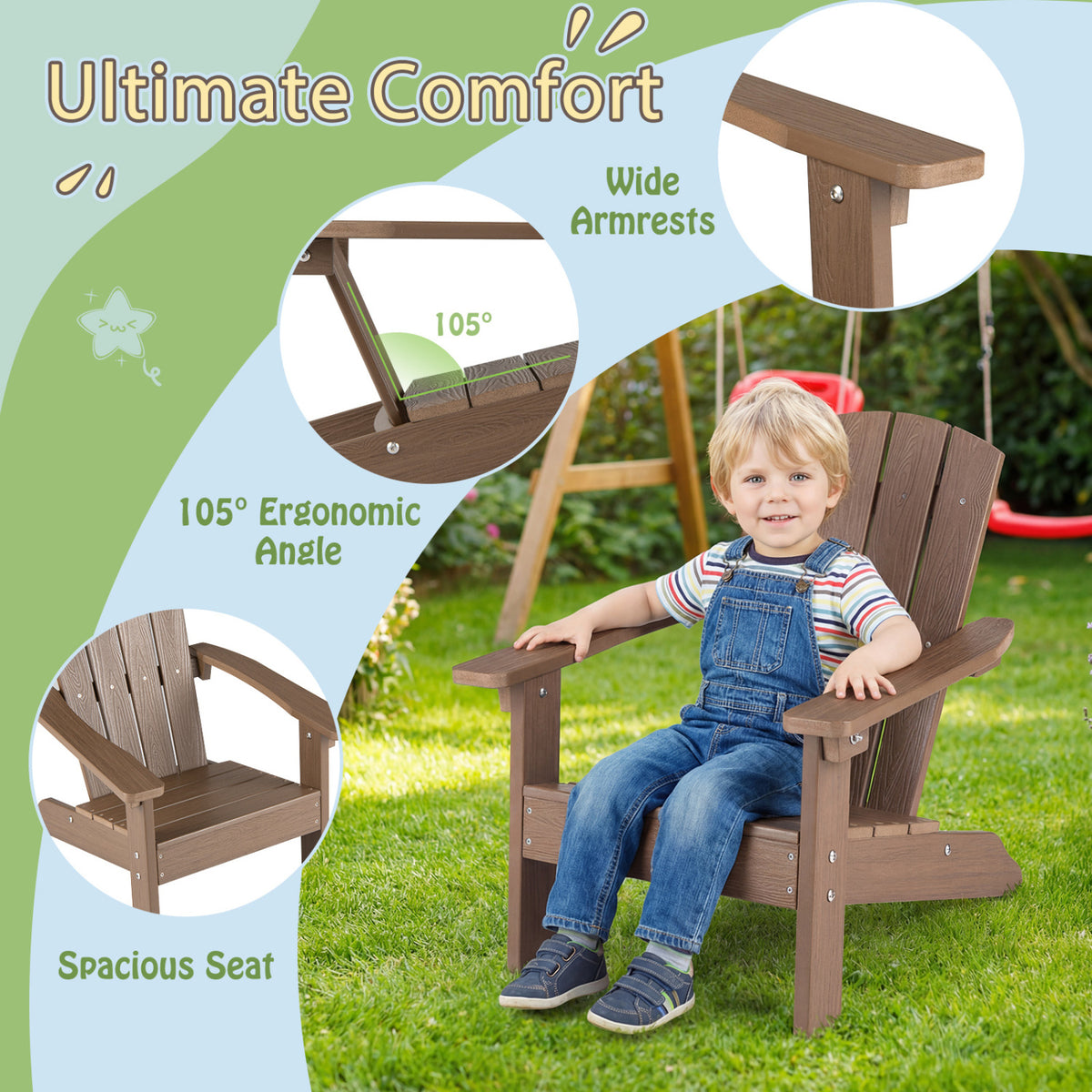 All-Weather HIPS Kid's Adirondack Chair with with High Backrest and Armrests-Brown