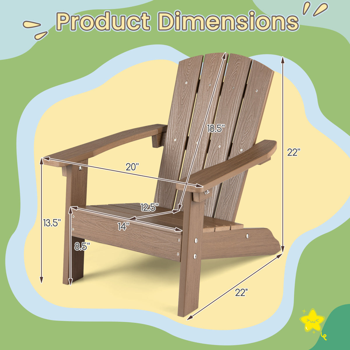 All-Weather HIPS Kid's Adirondack Chair with with High Backrest and Armrests-Brown