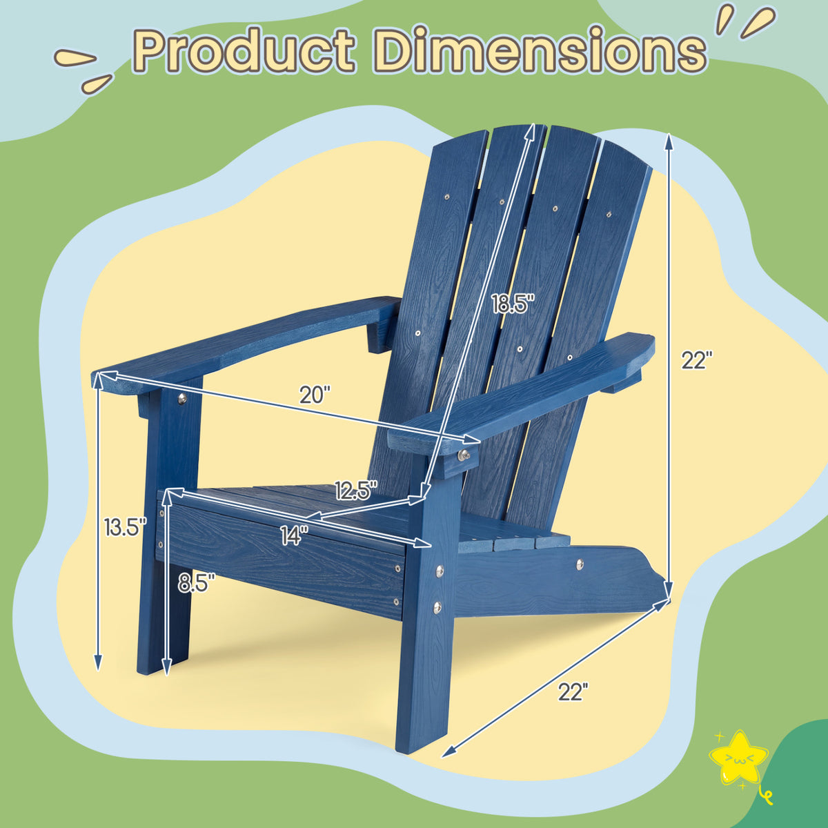 All-Weather HIPS Kid's Adirondack Chair with with High Backrest and Armrests-Blue