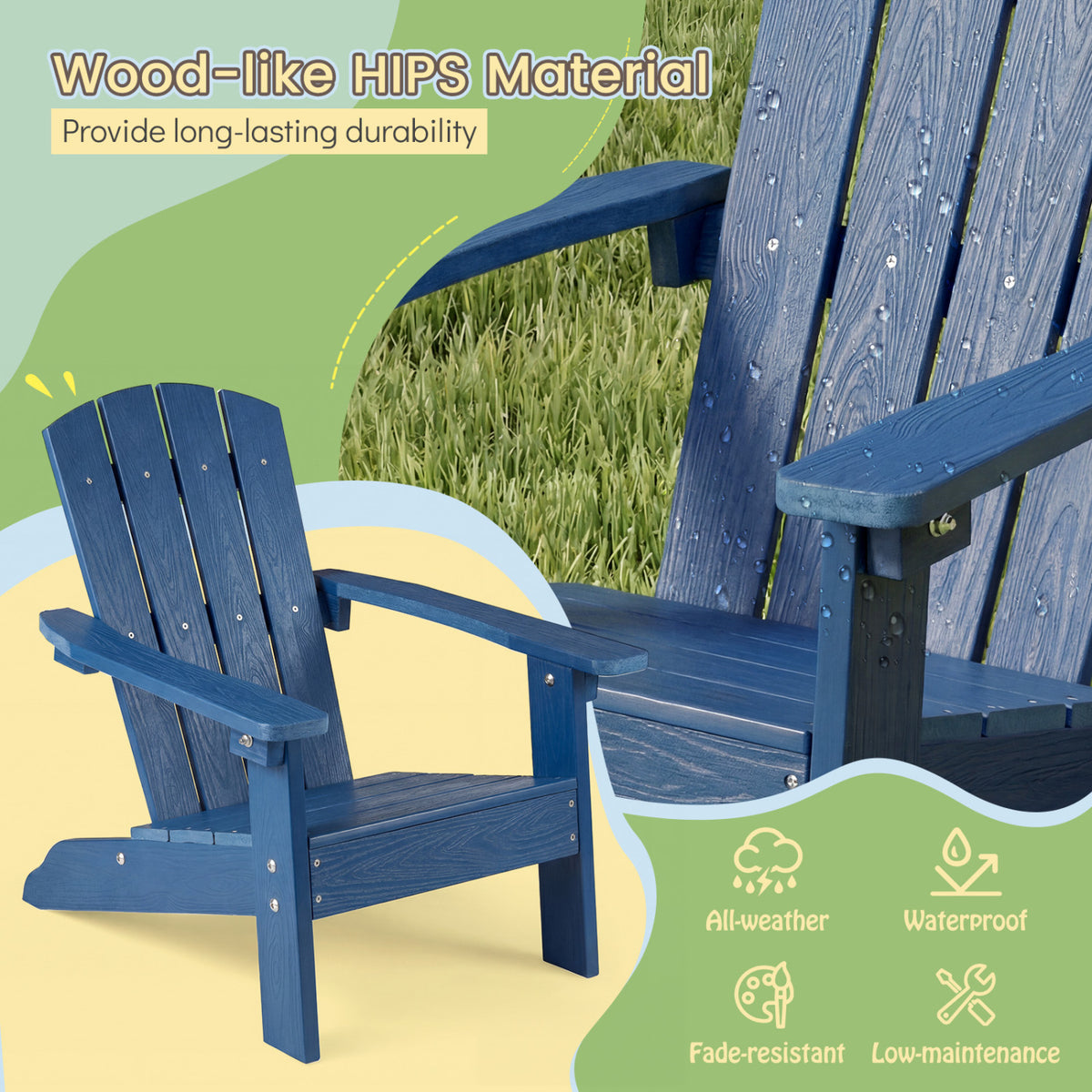 All-Weather HIPS Kid's Adirondack Chair with with High Backrest and Armrests-Blue