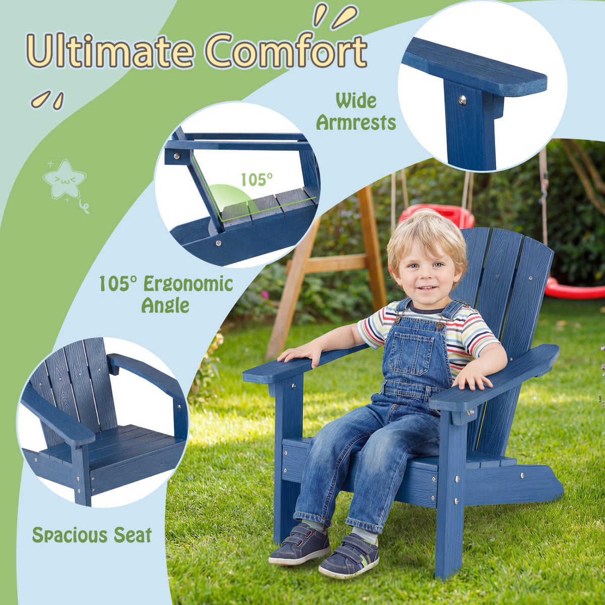 All-Weather HIPS Kid's Adirondack Chair with with High Backrest and Armrests-Blue