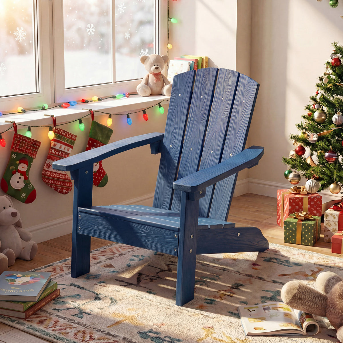 All-Weather HIPS Kid's Adirondack Chair with with High Backrest and Armrests-Blue