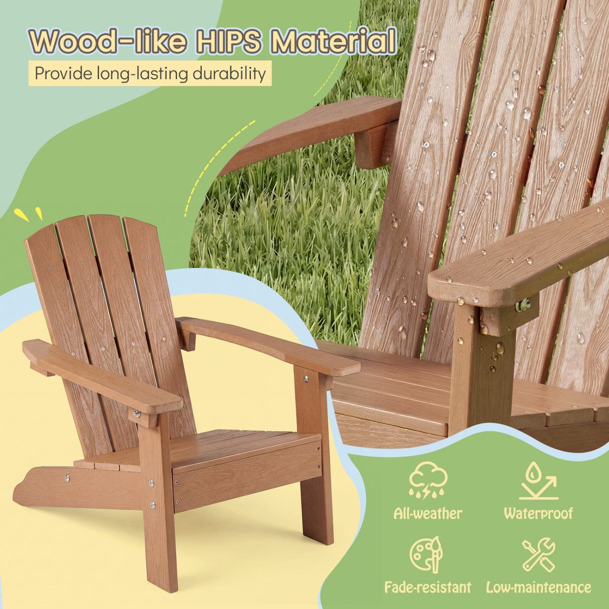 All-Weather HDPE Kid's Adirondack Chair with with High Backrest and Armrests-Natural