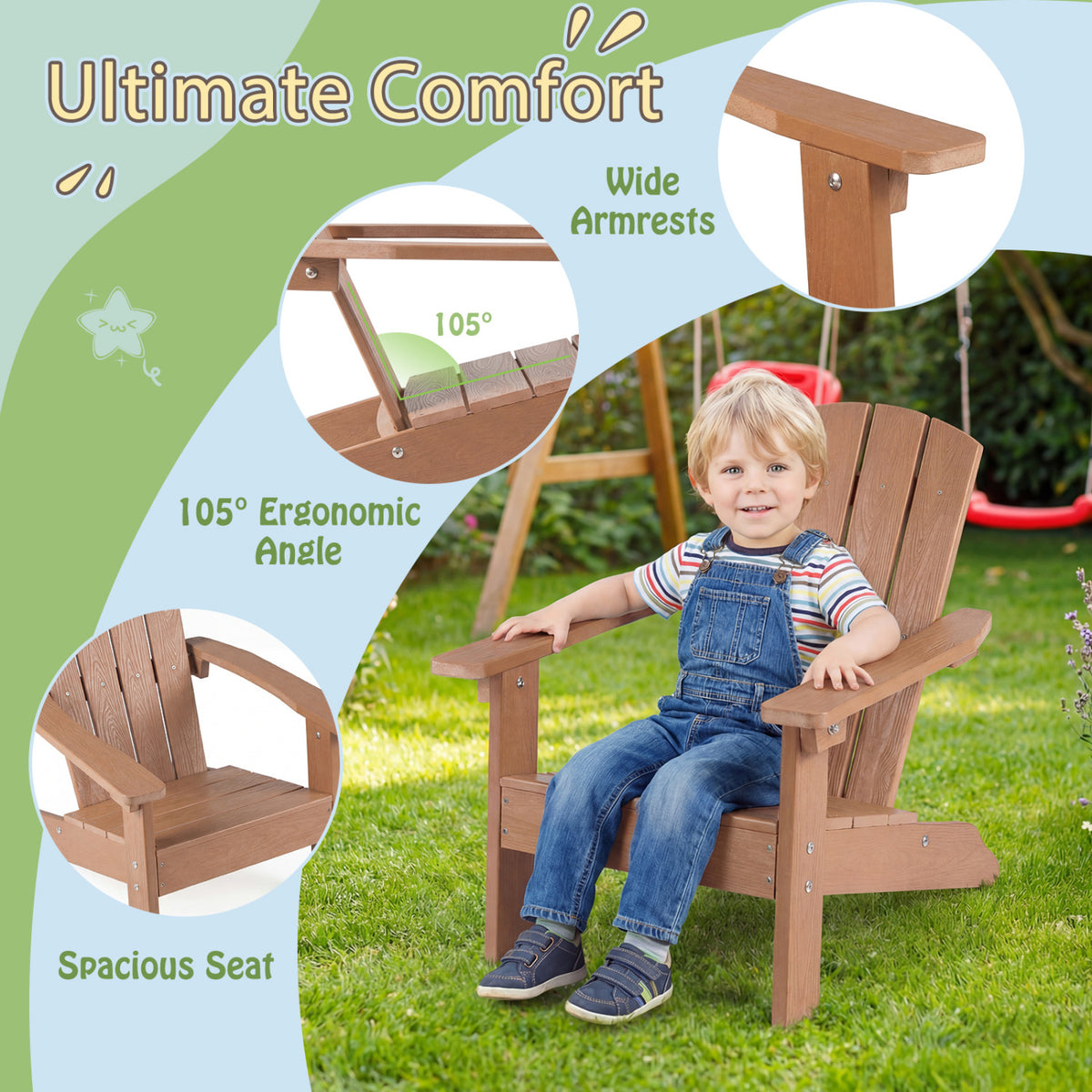 All-Weather HDPE Kid's Adirondack Chair with with High Backrest and Armrests-Natural