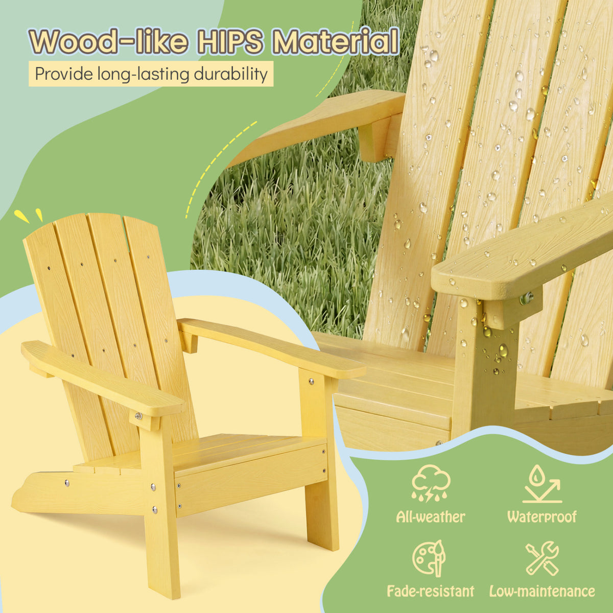 All-Weather HDPE Kid's Adirondack Chair with with High Backrest and Armrests-Yellow