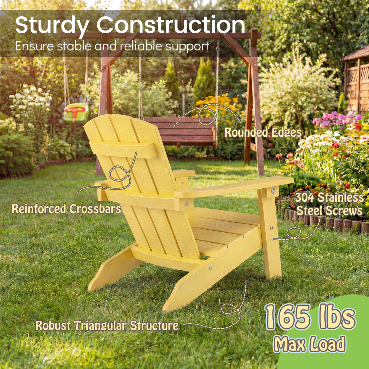 All-Weather HDPE Kid's Adirondack Chair with with High Backrest and Armrests-Yellow