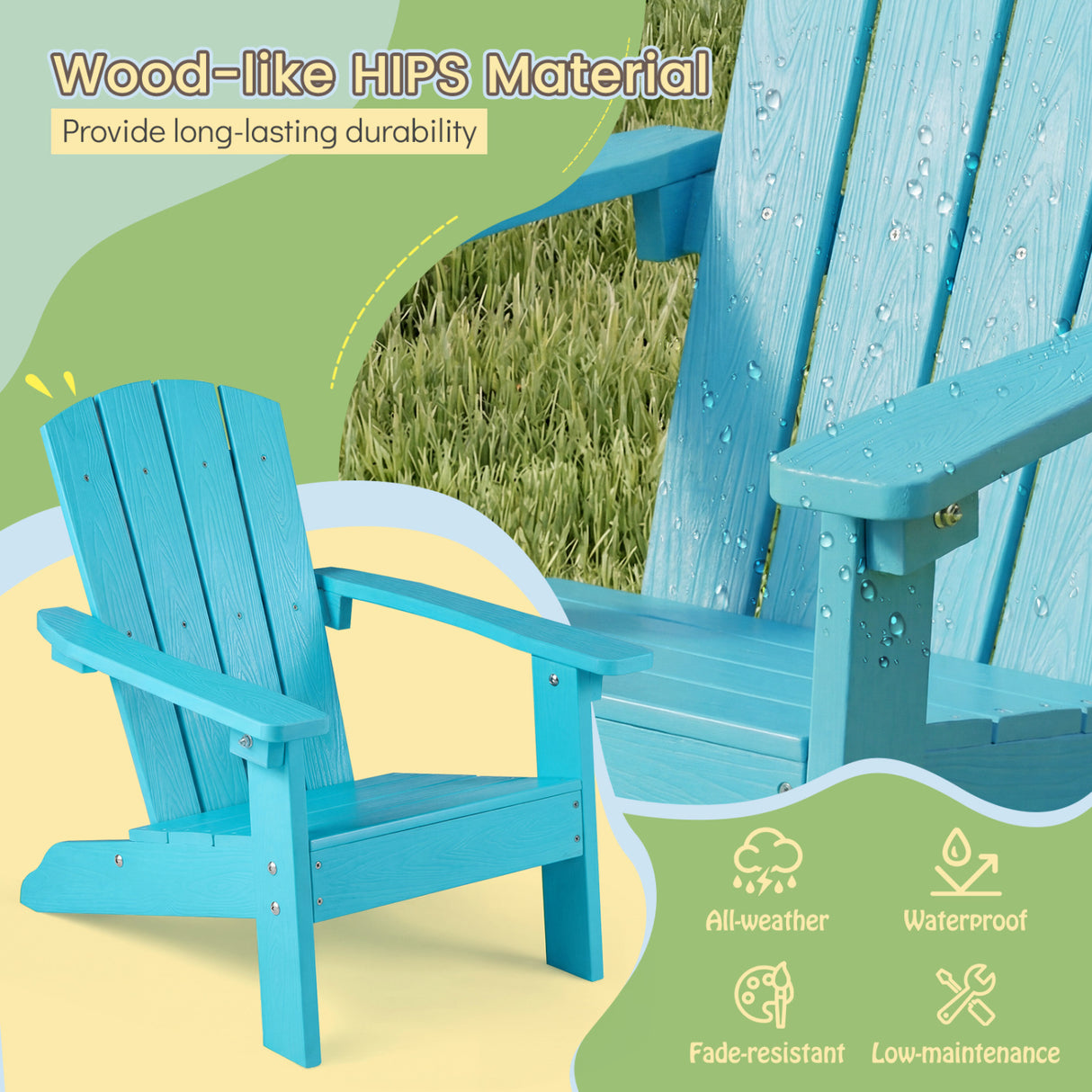 All-Weather HIPS Kid's Adirondack Chair with with High Backrest and Armrests-Turquoise