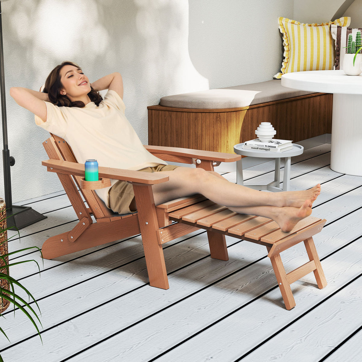 All-Weather HIPS Patio Adirondack Lounge Chair with Retractable Footrest-Coffee